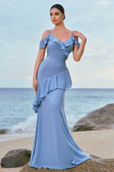 Grey Blue Cold Shoulder A Line Chiffon Long Bridesmaid Dress with Ruffles