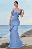 Grey Blue Cold Shoulder A Line Chiffon Long Bridesmaid Dress with Ruffles