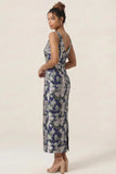 Navy Flower Sheath Printed Ankle Length Wedding Guest Dress with Slit
