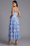 Floral Blue Tiered A Line Basque Wedding Guest Dress with Slit