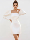 White Satin Short Wedding Dress with Puff Sleeves