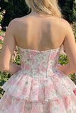 Strapless Floral A Line Sequin Corset Pink Homecoming Dress