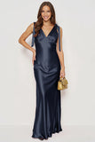 Navy Mermaid V Neck Satin Long Formal Dress