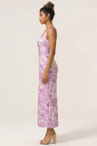 Lilac Flower Sheath Square Neck Ankle Length Wedding Guest Dress