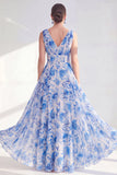 Blue A Line V Neck Floral Mother of the Bride Dress