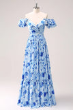 Blue A Line V Neck Ruched Floral Long Bridesmaid Dress