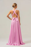 Pink A Line Deep V Neck Lace Up Back Long Satin Bridesmaid Dress with Slit