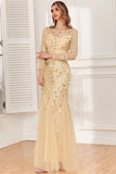 Gold Mermaid Sequins Tulle Evening Dress With Long Sleeves