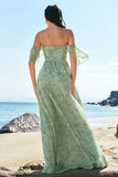 Dusty Sage A Line Off The Shoulder Pleated Long Floral Bridesmaid Dress with Slit