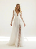 Long Sleeve Boho Flowy Wedding Dress Lace A Line V Neck Beach Gown with Split Front and Sweep Train