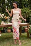 Champagne Halter Floral Wedding Guest Dress