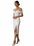 Sheath Off The Shoulder Sleeveless Tea Length Wedding Dresses