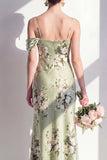 Mermaid Sage Green Floral Spaghetti Straps Long Bridesmaid Dress