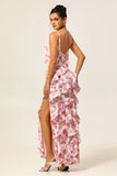 Blush Sheath Ruffle Chiffon Print Floral Long Plus Size Bridesmaid Dress with Slit