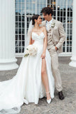 Elegant A Line Strapless White Satin Wedding Dresses With Slit