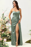 Eucalyptus A Line Strapless Ruched Satin Bridesmaid Dress with Slit