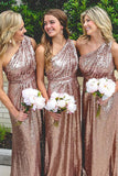 One Shoulder Rose Gold Sequins Sheath Long Bridesmaid Dress