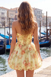 Yellow A Line Strapless Floral Homecoming Dress with Lace up Back