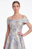 Off the Shoulder A Line Blue Floral Jacquard Mother of the Bride Dress
