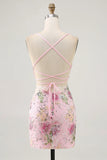 Pink Spaghetti Straps Short Floral Tight Homecoming Dress with Lace Up Back