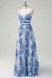 White Blue Flower A Line Spaghetti Straps Ruched Long Bridesmaid Dress