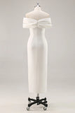 White Off the Shoulder Sheath Matte Satin Graduation Dress With Slit