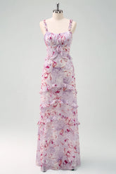 Grey Purple Sheath Ruched Print Floral Long Bridesmaid Dress with Ruffle