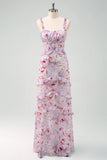 Grey Purple Sheath Ruched Print Floral Long Bridesmaid Dress with Ruffle