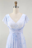 Blue Floral A Line V Neck Backless Long Bridesmaid Dress with Slit