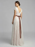 Short Sleeve V neck Pleated Long Lace Wedding Dress