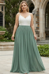 Eucalyptus Plus Size A Line Spaghetti Straps Pleated Long Bridesmaid Dress With Lace