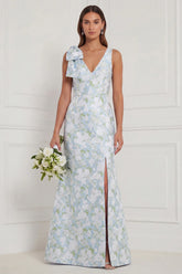 Blue White Flower V Neck Mermaid Bridesmaid Dress with Slit