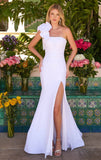26527 Ava Presley One Shoulder Satin Gown With Rosette Detail