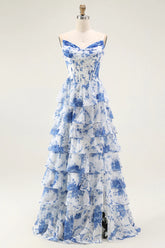 Strapless White Blue Flower A Line Tiered Corset Long Prom Dress with Slit