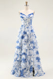 Strapless White Blue Flower A Line Tiered Corset Long Prom Dress with Slit