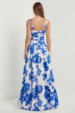 Floral Blue Printed A Line Square Neck Long Bridesmaid Dress with Slit