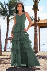 Eucalyptus A Line Spaghetti Straps Tiered Chiffon Long Bridesmaid Dress