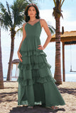 Eucalyptus A Line Spaghetti Straps Tiered Chiffon Long Bridesmaid Dress