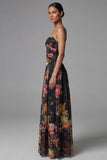 Black A Line Printed Ruched Long Formal Dress