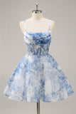 White Blue Flower A Line Spaghetti Straps Corset Homecoming Dress