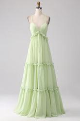 Light Green A Line Spaghetti Straps Backless Long Bridesmaid Dress With Ruffles