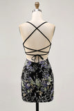 Sparkly Black Bodycon Spaghetti Straps Floral Short Homecoming Dress with Sequins