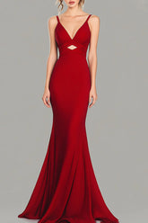 Red V Neck Cut Out Mermaid Formal Dress