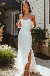 Sheath White Spaghetti Straps Graduation Dress with Slit