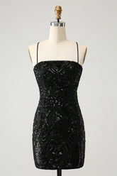 Black Bodycon Spaghetti Straps Lace Up Back Short Homecoming Dress with Sequins