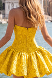 Yellow Strapless A Line Jacquard Corset Homecoming Dress