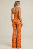 Strapless Orange Floral Sequin Wedding Guest Jumpsuit