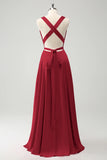 Burgundy A Line Deep V Neck Backless Long Bridesmaid Dress with Slit