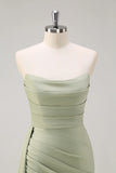 Sage Mermaid Strapless Ruched Side Overskirt Bridesmaid Dress with Slit