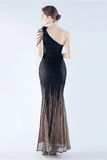 Glitter Black Bodycon Beaded Feather One Shoulder Evening Dress With Slit